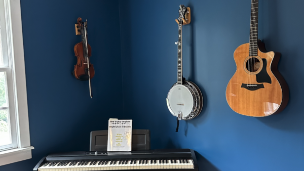 my musical instruments, piano, violin, banjo, and guitar