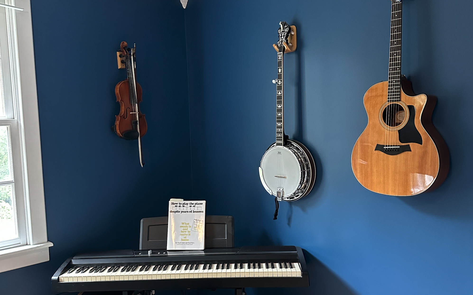 my musical instruments, piano, violin, banjo, and guitar